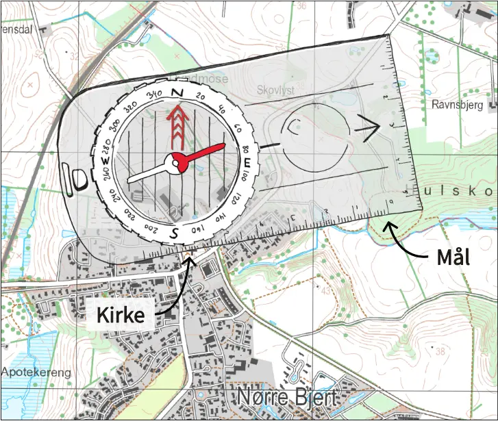 Kompasretning tegnet ind på kort – fra kirke til mål